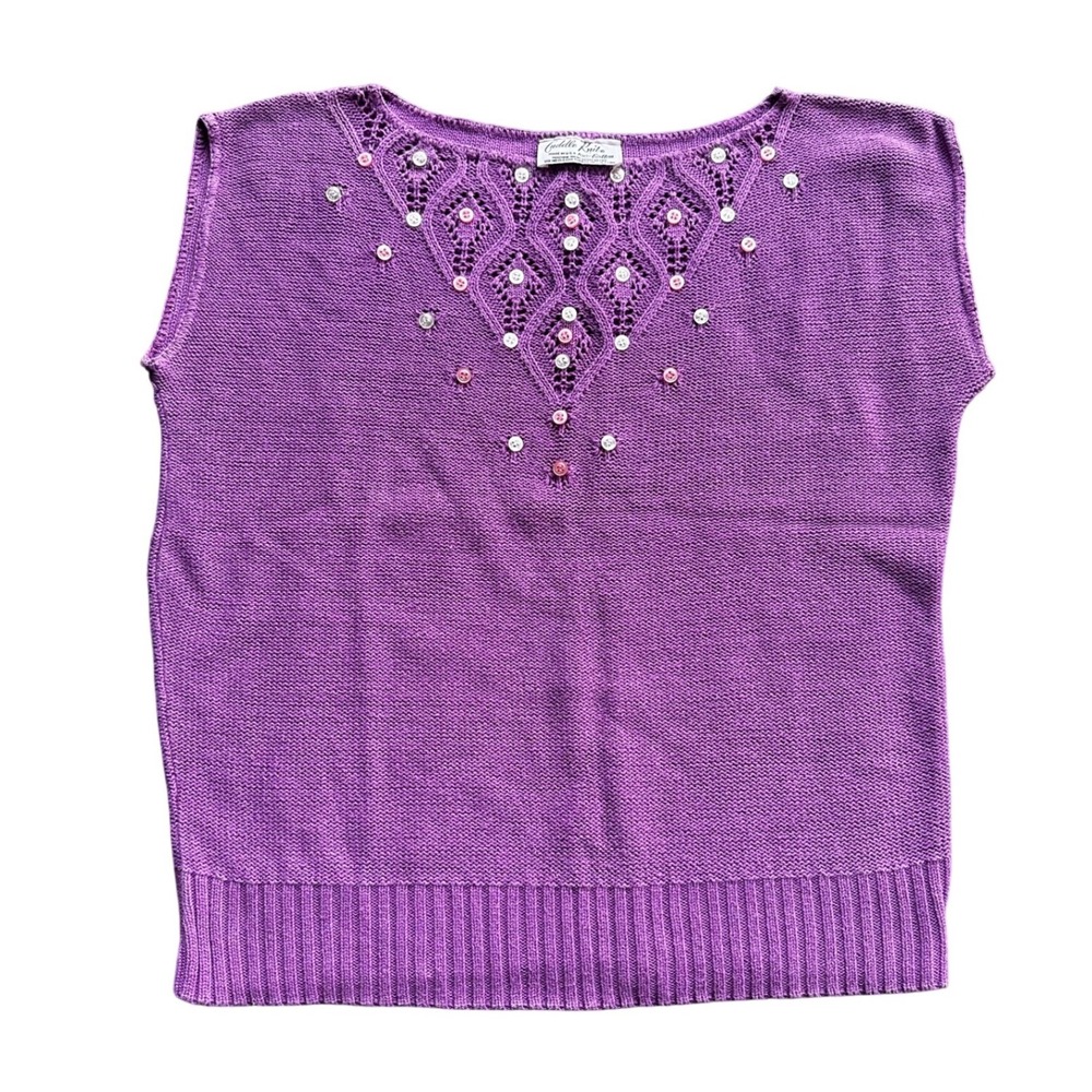 Cuddle Knit Purple Cotton Sleeveless Sweater Pointelle Button Neck Top medium